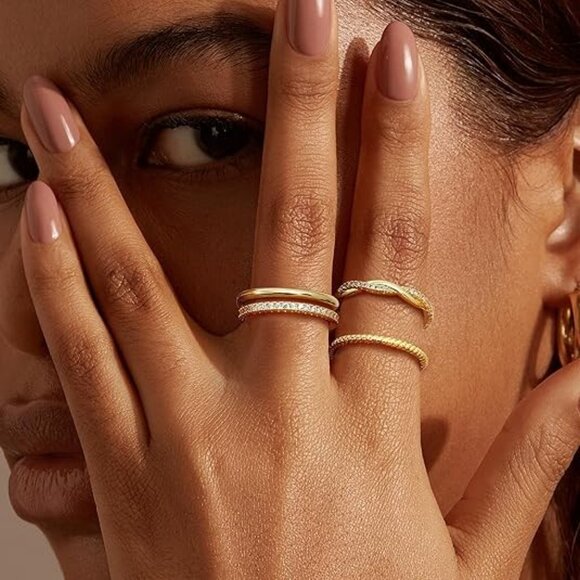 Stackable Rings Women Non Tarnish Dainty 14K Gold Plated Stackable Thin Ring - Picture 2 of 6